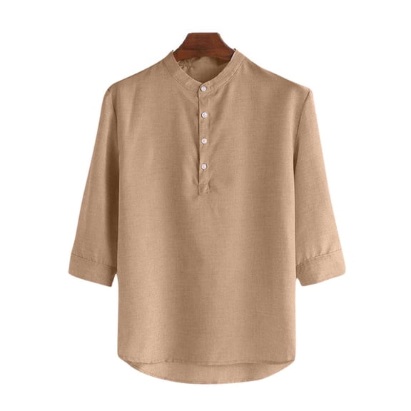 WRKEKC Mens Short Sleeve Button Down Shirts Solid Color Half Button Stand Collar 3/4 Sleeve Pullover Shirt for Casual Wear