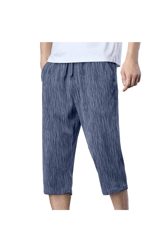 Mens Summer Ice Silk Capri Pants Casual Trousers Elastic Waist Loose Straight Leg Cropped Trousers for Men Summer Wear