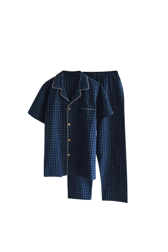 Mens Summer Pajamas Set Button Front Casual Notched Collar Short Sleeve Long Pant Sleepwear Set for Men Breathable Home Loungewear Outfit