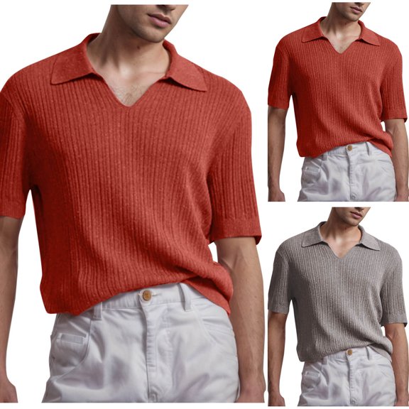 WRKEKC Men's Knit Shirts Solid Color Breathable Hollow Out Casual Button Down Collared Short Sleeve Comfortable Top Shirt