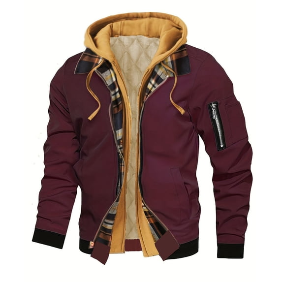 WRKEKC Mens Utility Hooded Jacket Fake Two Pieces Plaid Lined Multi Pockets Warm Casual Flight Jacket Outerwear