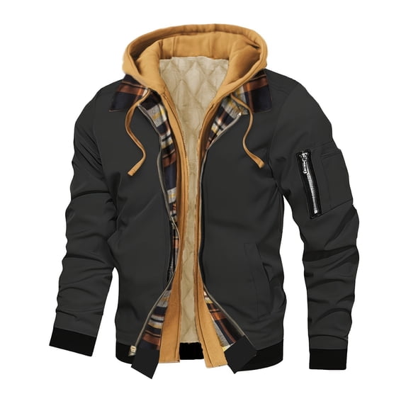 WRKEKC Mens Utility Hooded Jacket Fake Two Pieces Plaid Lined Multi Pockets Warm Casual Flight Jacket Outerwear