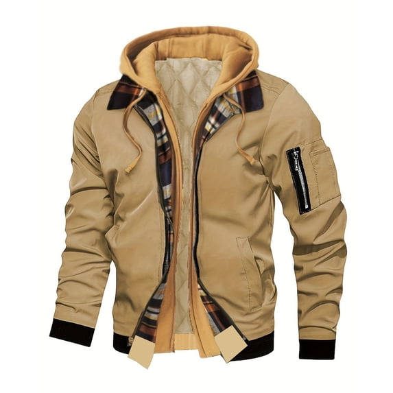 WRKEKC Mens Utility Hooded Jacket Fake Two Pieces Plaid Lined Multi Pockets Warm Casual Flight Jacket Outerwear