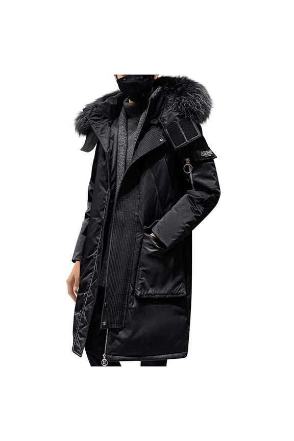 Mens Winter Down Jacket Solid Color Long Sleeve Fleece-Lined Collar Mid-Length Puffer Coat for Winter Daily Casual Outdoor Warm Wear