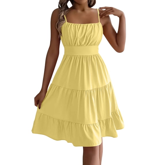 WRKEKC Midi Dresses for Women Solid Square Neck Sleeveless Smocked Tiered Ruffle Low Back Midi Soft Flowy Soft