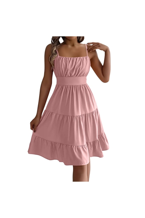 Midi Dresses for Women Solid Square Neck Sleeveless Smocked Tiered Ruffle Low Back Midi Soft Flowy Soft
