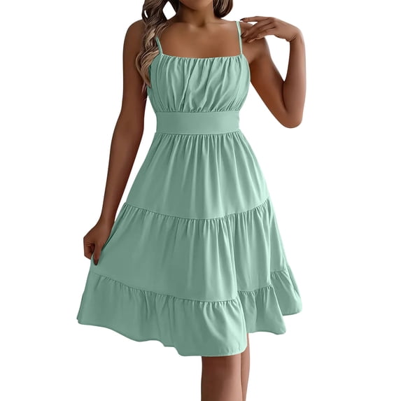 WRKEKC Midi Dresses for Women Solid Square Neck Sleeveless Smocked Tiered Ruffle Low Back Midi Soft Flowy Soft