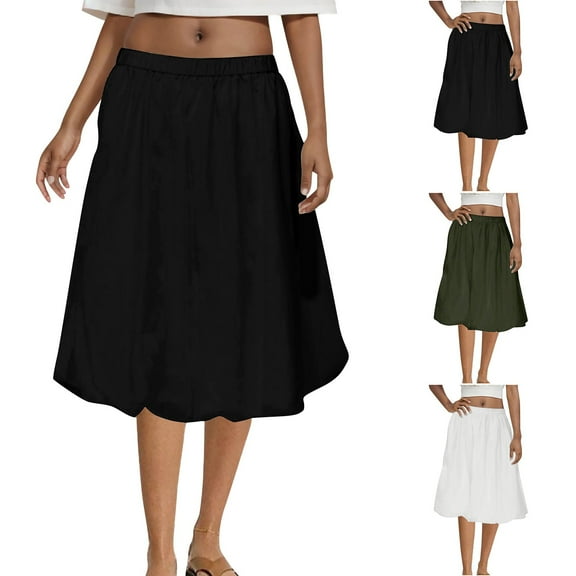 WRKEKC Midi Skirts for Women, Summer Skirts for Women, Women's Summer Solid Color Elastic Waist Pleated Flowy Mid-Length Skirt