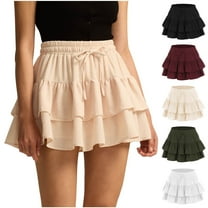 WRKEKC Mini Skirts for Women, Summer Skirts for Women, Women's Summer Solid Color Elastic High Waist Tiered Puffy Drawstring Loose Pleated Skirt with Drawstring