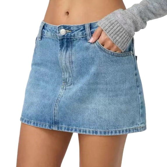 WRKEKC Mini Skirts for Women Low Rise Classic Denim Skirt with Hem and Basic Everyday Faded Look