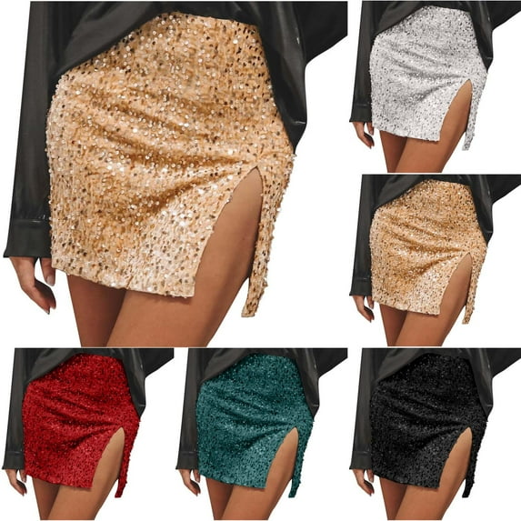 WRKEKC Mini Skirts for Women, Summer Skirts for Women, Women's Trendy Solid Color Sequin Slit Tight Fitting Wrap Hip Invisible Zipper Short Skirt