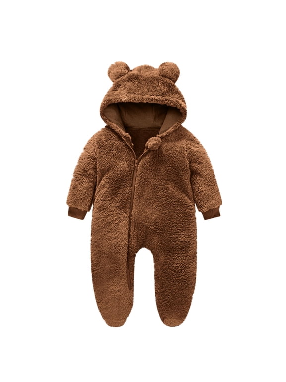 Newborn Boys and Girls Infant Fleece Romper Hooded Footed Zipper Front Solid Color Thickened Warm Snug Fitting Fall Winter OutFitting for 0-12 Months