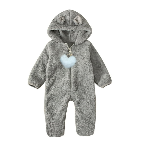 WRKEKC Newborn Infant Boys and Girls Solid Color Bear Ear Romper Hooded Footed Heart Zipper Front Thickened Warm Snug Fitting Fall Winter OutFitting for 0-12 Months
