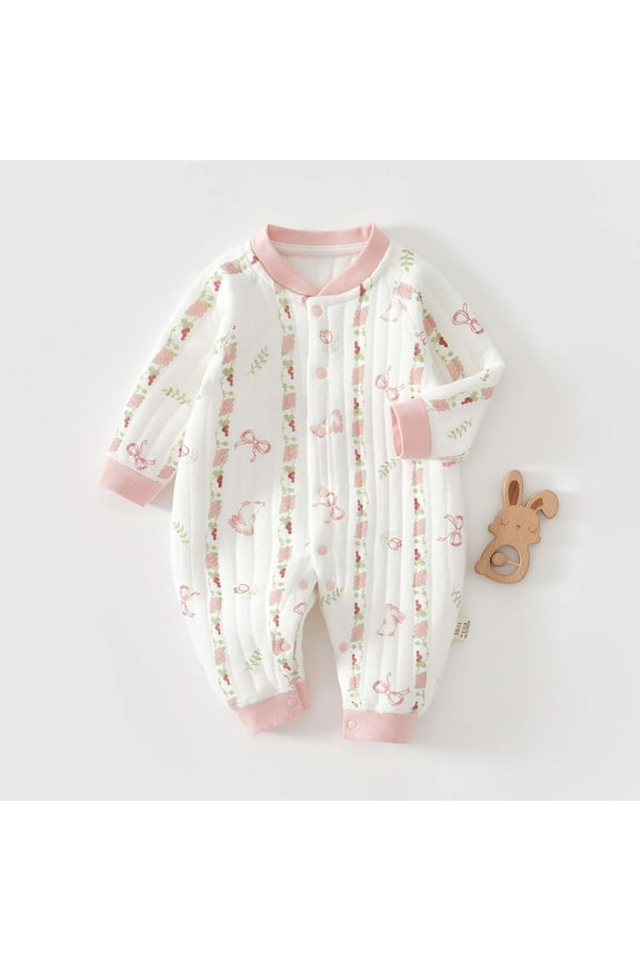 Newborn Infant Heart Print Romper Side Snap Crew Neck Soft Stretchy Thickened Warm Snug Fitting Fall Winter OutFitting for Boys and Girls 0-24 Months