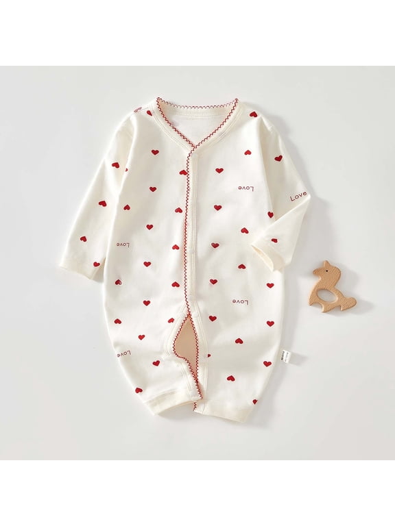 Newborn Infant Heart Print Romper Side Snap Crew Neck Soft Stretchy Thickened Warm Snug Fitting Fall Winter OutFitting for Boys and Girls 0-24 Months