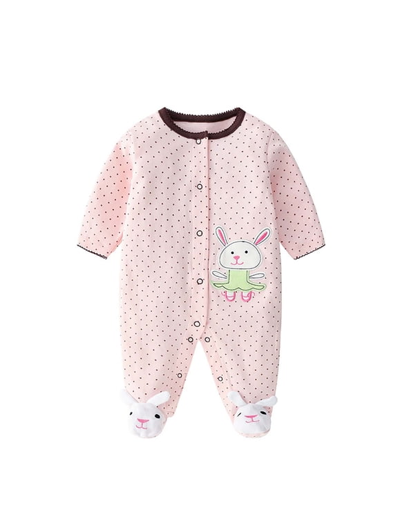 Newborn Infant Print Romper Footed Ruffle Crew Neck Snap Buttons Thickened Warm Snug Fitting Fall Winter OutFitting for Boys and Girls 0-18 Months