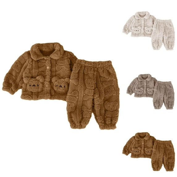 WRKEKC Newborn Winter Outfits 2-Piece Solid Color Fuzzy Sherpa Bear-Embellished Jacket and Fleece-Lined Pants Loungewear Set 0-24 Months