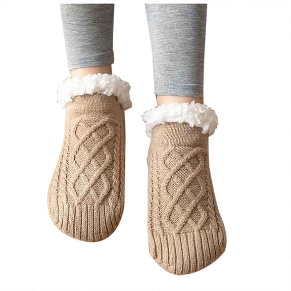 WRKEKC Non Slip Floor Socks for Women Home Warm Fleece Lined Thickened Knitted Slipper Socks with Faux Fur Cuff for Sleep and Daily Casual Use