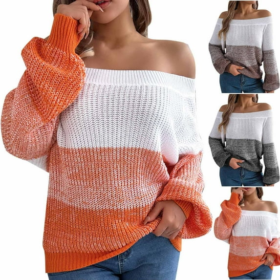 WRKEKC Off Shoulder Sweater Womens Sweater Autumn Casual Long Sleeve Color Block Stripe Knit Pullover for Parties