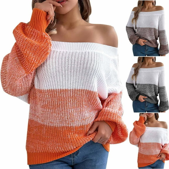 WRKEKC Off Shoulder Sweater Womens Sweater Autumn Casual Long Sleeve Color Block Stripe Knit Pullover for Parties