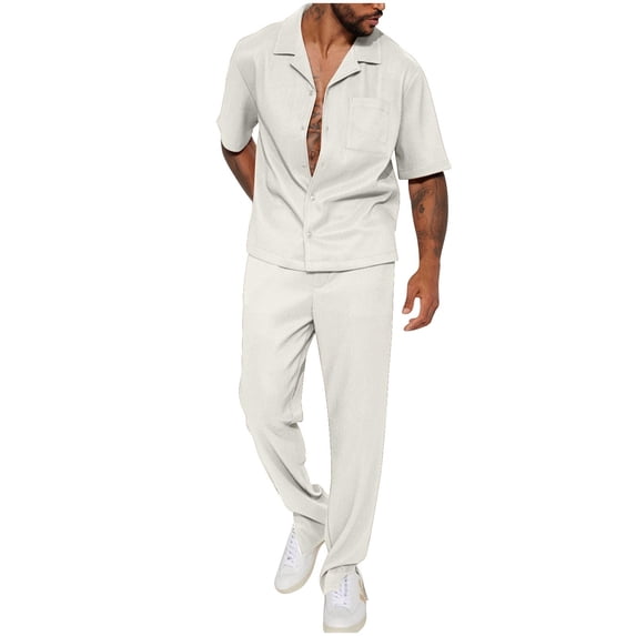 WRKEKC Outfits for Men Fashion Lapel Collar Short Sleeve Shirt with Elastic Waist Pants Set for Business Casual Office and Daily Wear