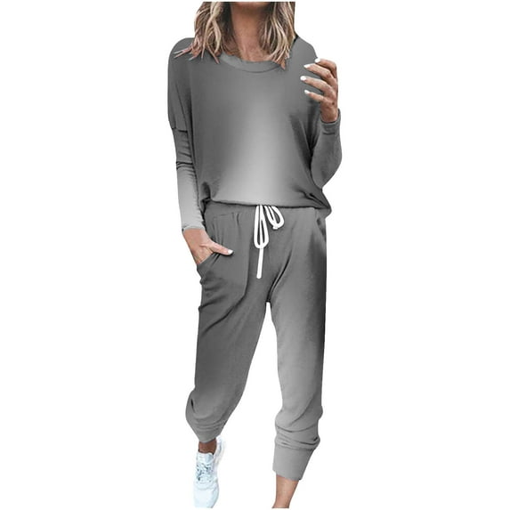 WRKEKC Outfits for Women, Casual Outfits for Women Trendy Gradient Print Long Sleeve Crew Neck Top and Loose Pocketed Drawstring Pants Set for Fall