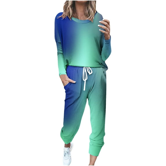 WRKEKC Outfits for Women, Casual Outfits for Women Trendy Gradient Print Long Sleeve Crew Neck Top and Loose Pocketed Drawstring Pants Set for Fall