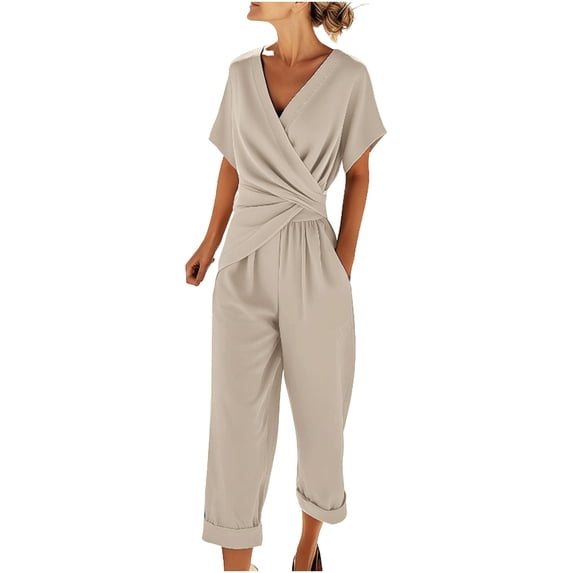 WRKEKC Outfits for Women Short Sleeve Solid Color Top with Pants Two Piece Set for Casual Simple Daily Wear