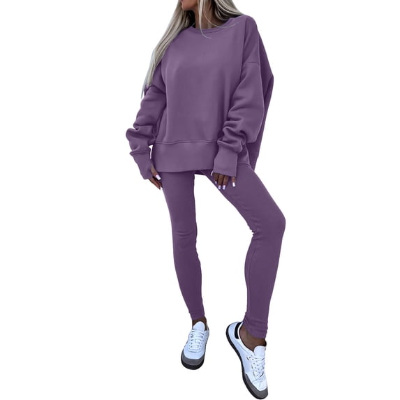 WRKEKC Outfits for Women Solid Color Casual Fitted Pants with Loose Fit Sweatshirt Set for Home Wear and Relax