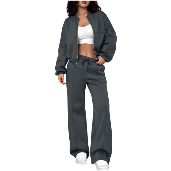 WRKEKC Outfits for Women Solid Color Zipper Hoodie with Casual Straight Leg Pants Set for Sporty Style and Comfortable Daily Wear