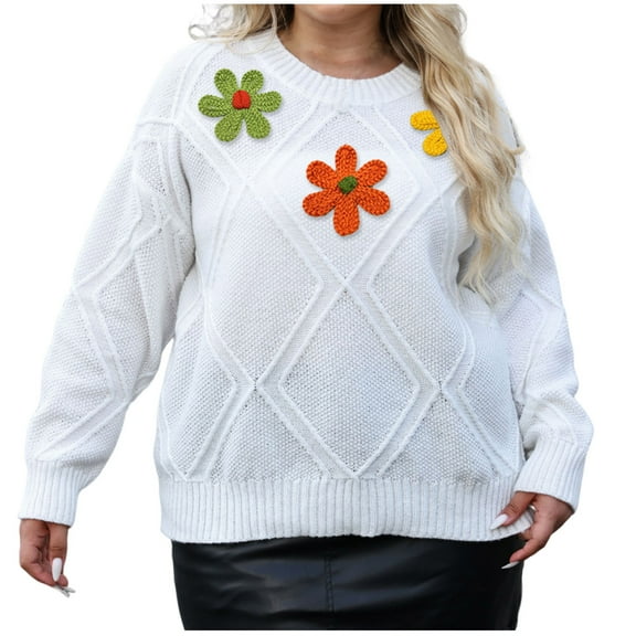 WRKEKC Oversized Sweaters for Women Plus Size Crew Neck Embroidered Floral Long Sleeve Pullover Sweater Top for Fall Winter Casual Stylish Daily