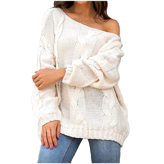 WRKEKC Oversized Sweaters for Women Trendy Solid Color Crew Neck One Shoulder Knitted Pullover Sweater for Women Plus Size Fall Winter