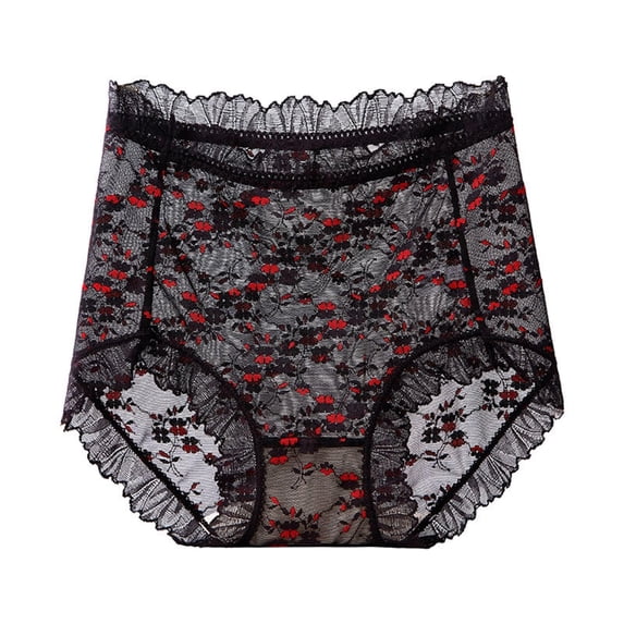WRKEKC Panties for Women Printed Floral High Waist Sheer Hollow Out Lace Mesh Plus Size Triangle Underwear with Elastic Waist