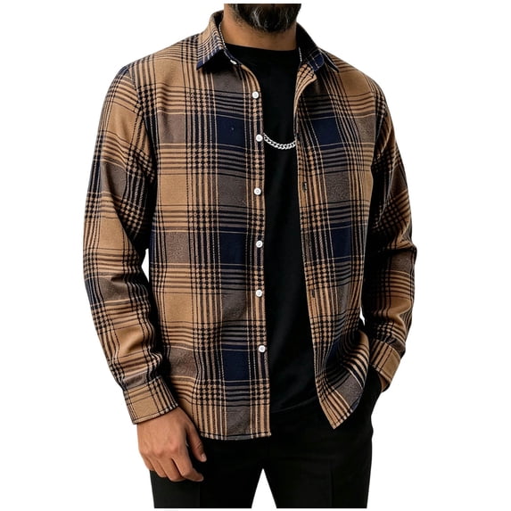 WRKEKC Plaid Shirt Men Long Sleeve Button-Down Flannel Shirts Casual Turn-Down Collar Loose Fit Daily Tops