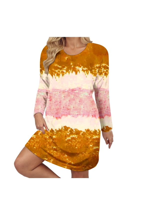 Plus Size Dresses Print Long Sleeve Round Neck Midi Dress for Fall Winter Tie Dye Pattern Loose Fit with Side Pockets and Back Zip