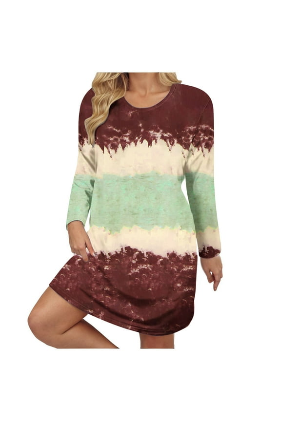 Plus Size Dresses Print Long Sleeve Round Neck Midi Dress for Fall Winter Tie Dye Pattern Loose Fit with Side Pockets and Back Zip
