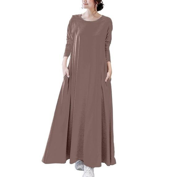 WRKEKC Plus Size Dresses Solid Color Long Sleeve Round Neck Maxi Dress for Fall Winter Loose Fit A Line Cut with Side Pockets and Flowy Hem