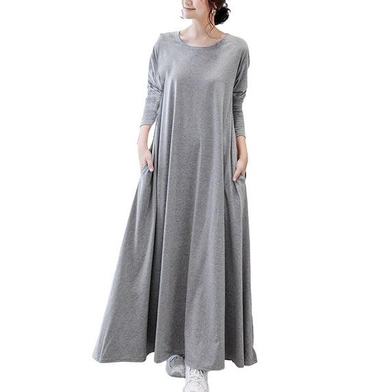 WRKEKC Plus Size Dresses Solid Color Long Sleeve Round Neck Maxi Dress for Fall Winter Loose Fit A Line Cut with Side Pockets and Flowy Hem