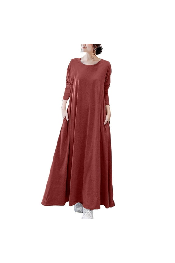 Plus Size Dresses Solid Color Long Sleeve Round Neck Maxi Dress for Fall Winter Loose Fit A Line Cut with Side Pockets and Flowy Hem