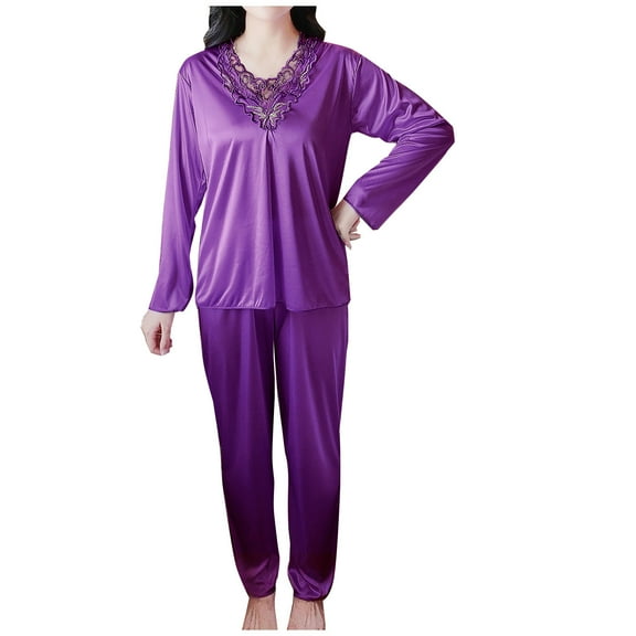 WRKEKC Plus Size Satin Pajama Set for Women Lightweight Long Sleeve V-Neck Silk like 2 Piece Loungewear Set for Home Lounge