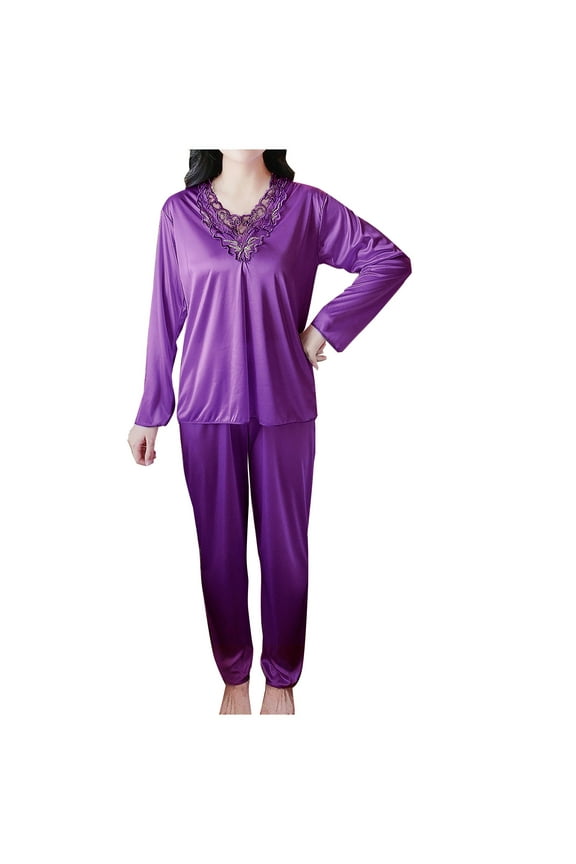 Plus Size Satin Pajama Set for Women Lightweight Long Sleeve V-Neck Silk like 2 Piece Loungewear Set for Home Lounge