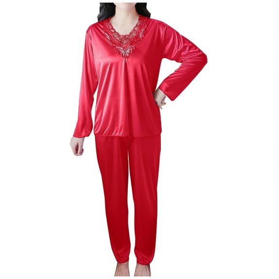 WRKEKC Plus Size Satin Pajama Set for Women Lightweight Long Sleeve V-Neck Silk like 2 Piece Loungewear Set for Home Lounge