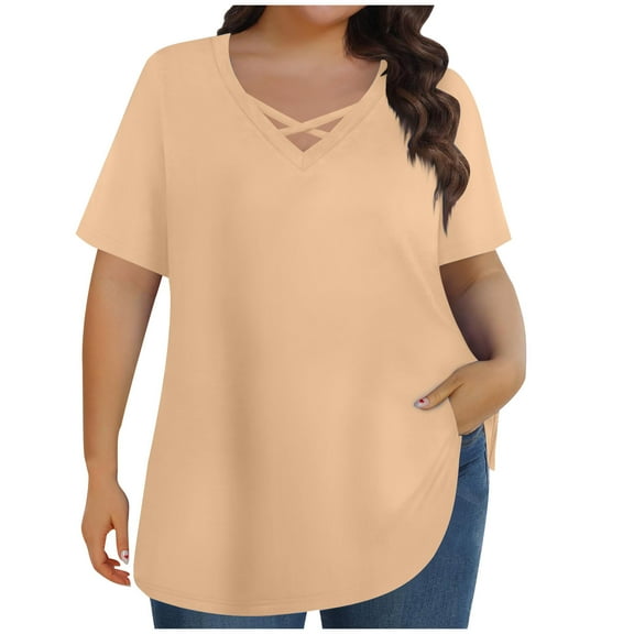 WRKEKC Plus Size Short Sleeve Shirts for Women Solid Color V-Neck Cross Neckline Ribbed T-Shirt with Stretch Fabric Comfortable Fit