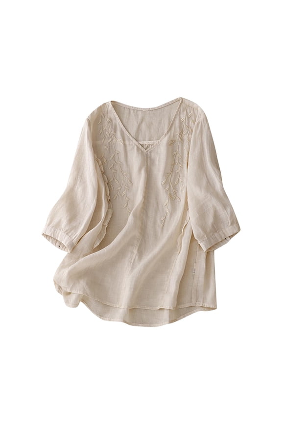 Plus Size Summer Blouses for Women Solid Color Round Neck Short Sleeve Embroidered Linen Cotton Pullover Top Flattering Fit