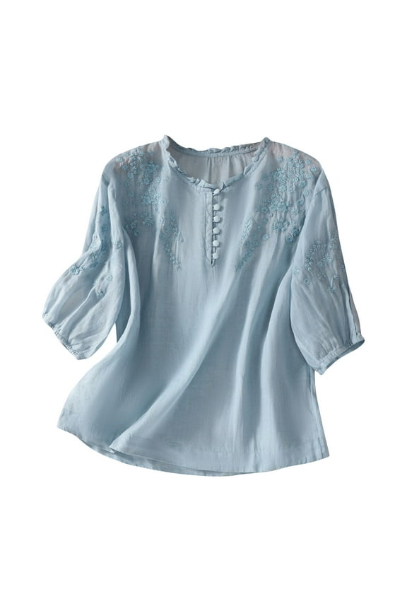 Plus Size Summer Blouses for Women Solid Color Round Neck Short Sleeve Embroidered Linen Cotton Pullover Top Flattering Fit
