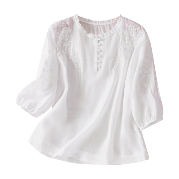 WRKEKC Plus Size Summer Blouses for Women Solid Color Round Neck Short Sleeve Embroidered Linen Cotton Pullover Top Flattering Fit