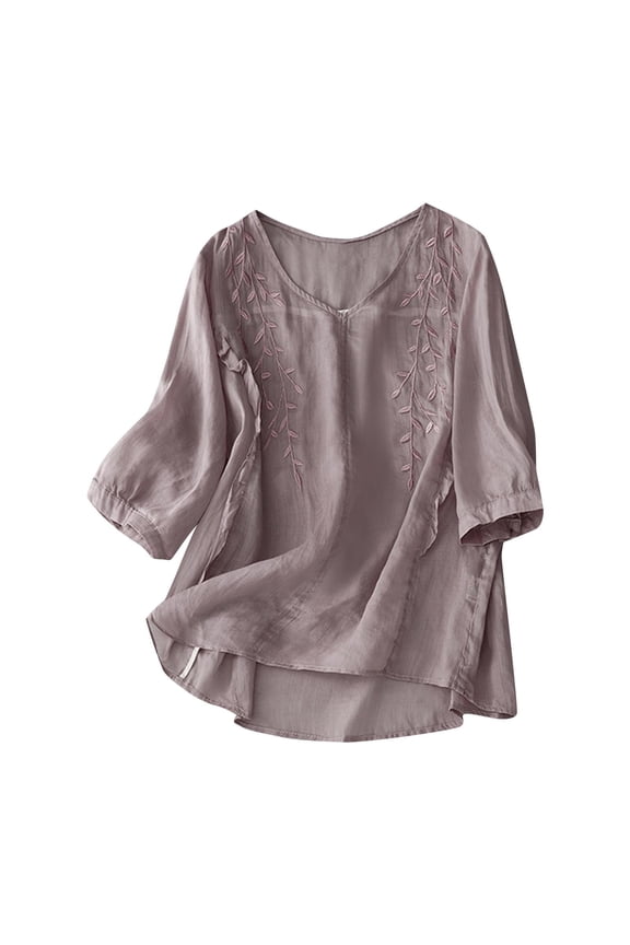 Plus Size Summer Blouses for Women Solid Color Round Neck Short Sleeve Embroidered Linen Cotton Pullover Top Flattering Fit