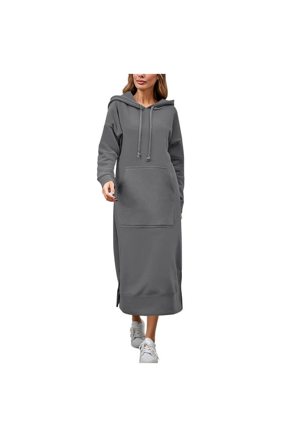 Plus Size Sweater Dress Solid Color Hooded Long Sleeve Midi Dress for Fall Winter Fleece Lined Loose Fit with Kangaroo Pocket and Full Zip