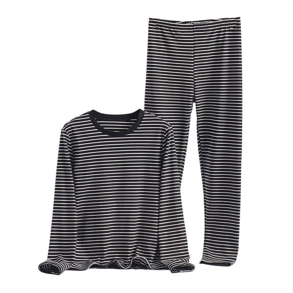 WRKEKC Plus Size Thermal Pajamas Women Striped Crew Neck Long Sleeve Top Pants Loungewear Set Warm Thermal Fleece Home Sleepwear for Women Fall Winter