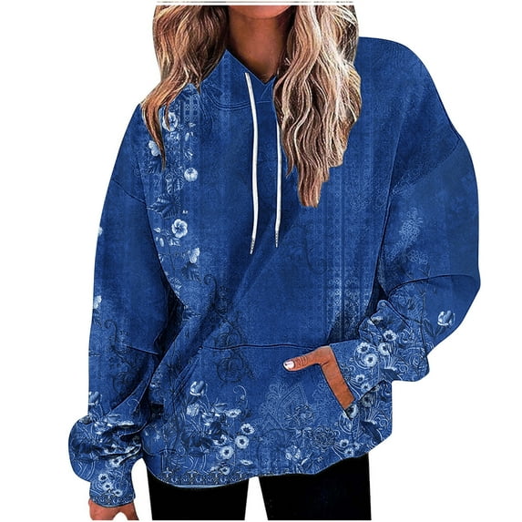 WRKEKC Print Sweatshirts for Women Fashion Casual Loose Long Sleeve Drop Shoulder Hooded Pocket Regular Fit Leisure Top